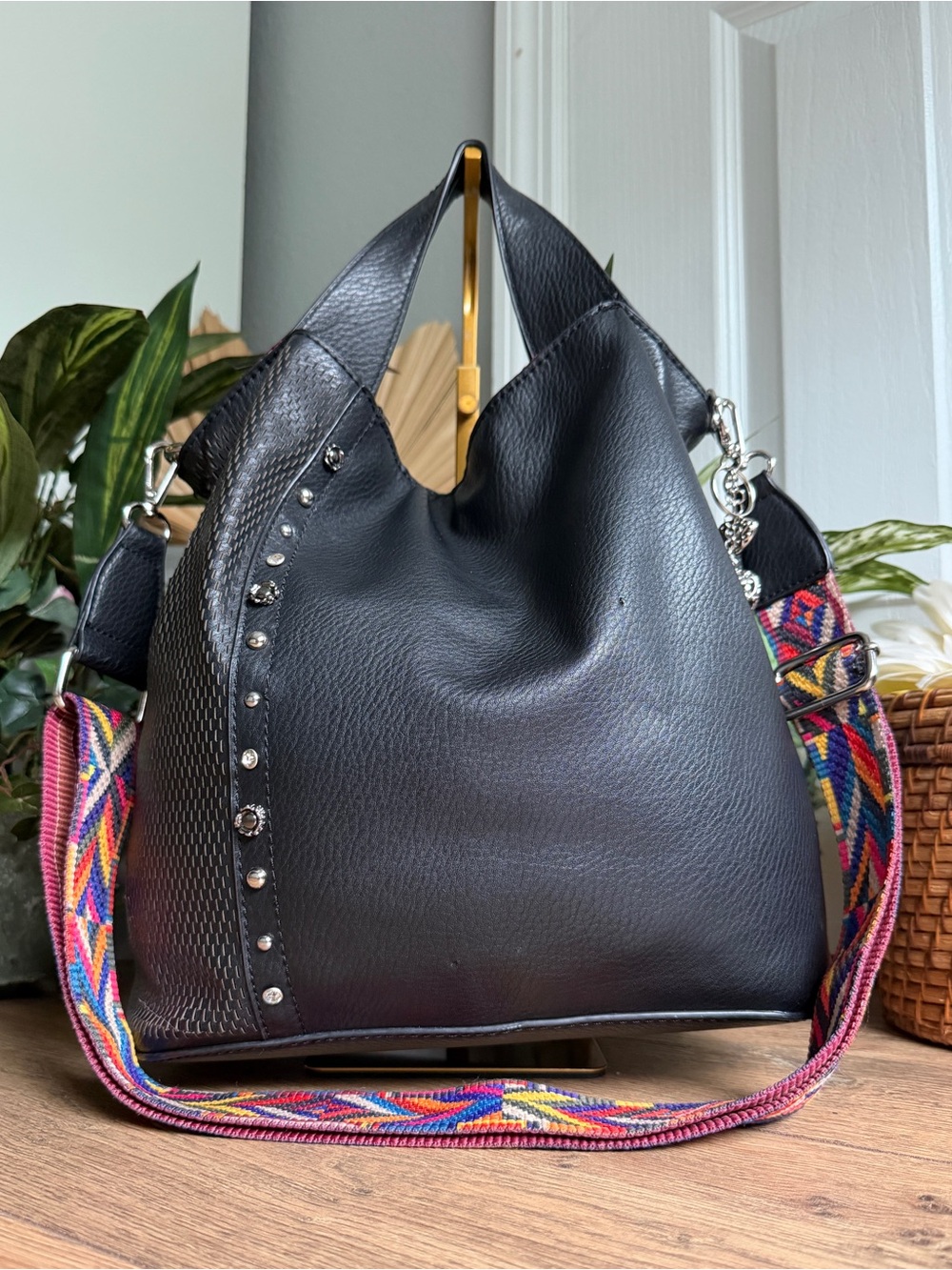 Marina Galanti Black VL Hobo Tote Bag w/Studs & Removable Colorful Strap